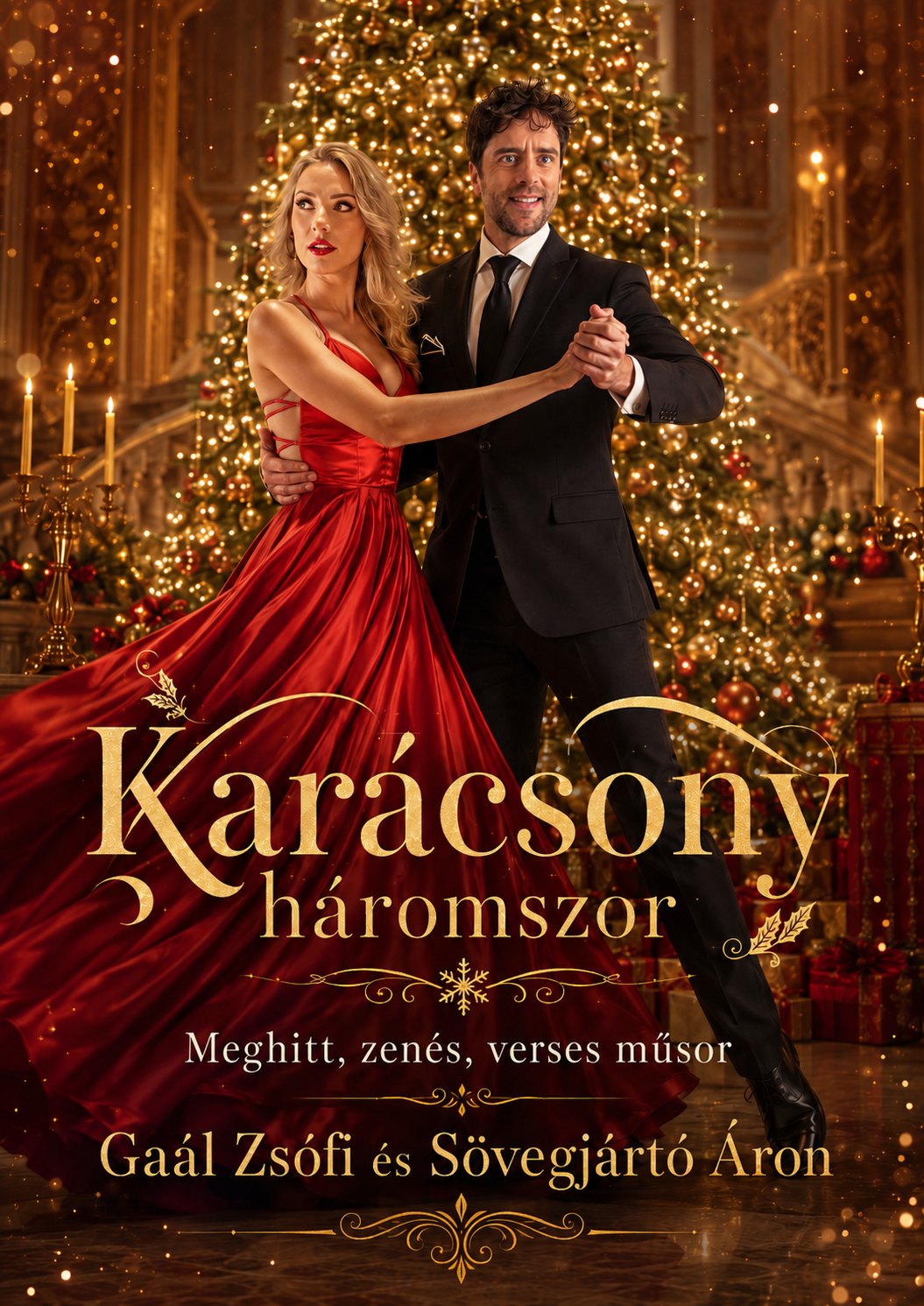 Karácsony háromszor – Gaál Zsófi és Sövegjártó Áron meghitt, zenés, verses karácsonyi műsorának plakátja